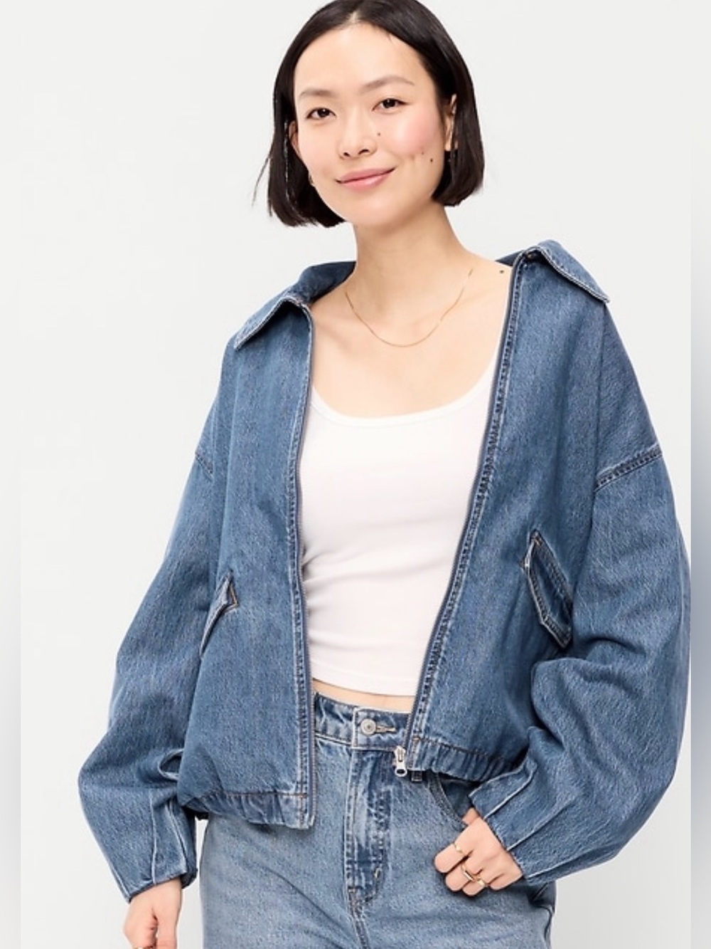 Old Navy Full-Zip Harrington Jean Bomber Jacket NEW XS Varsity Spring Oversized